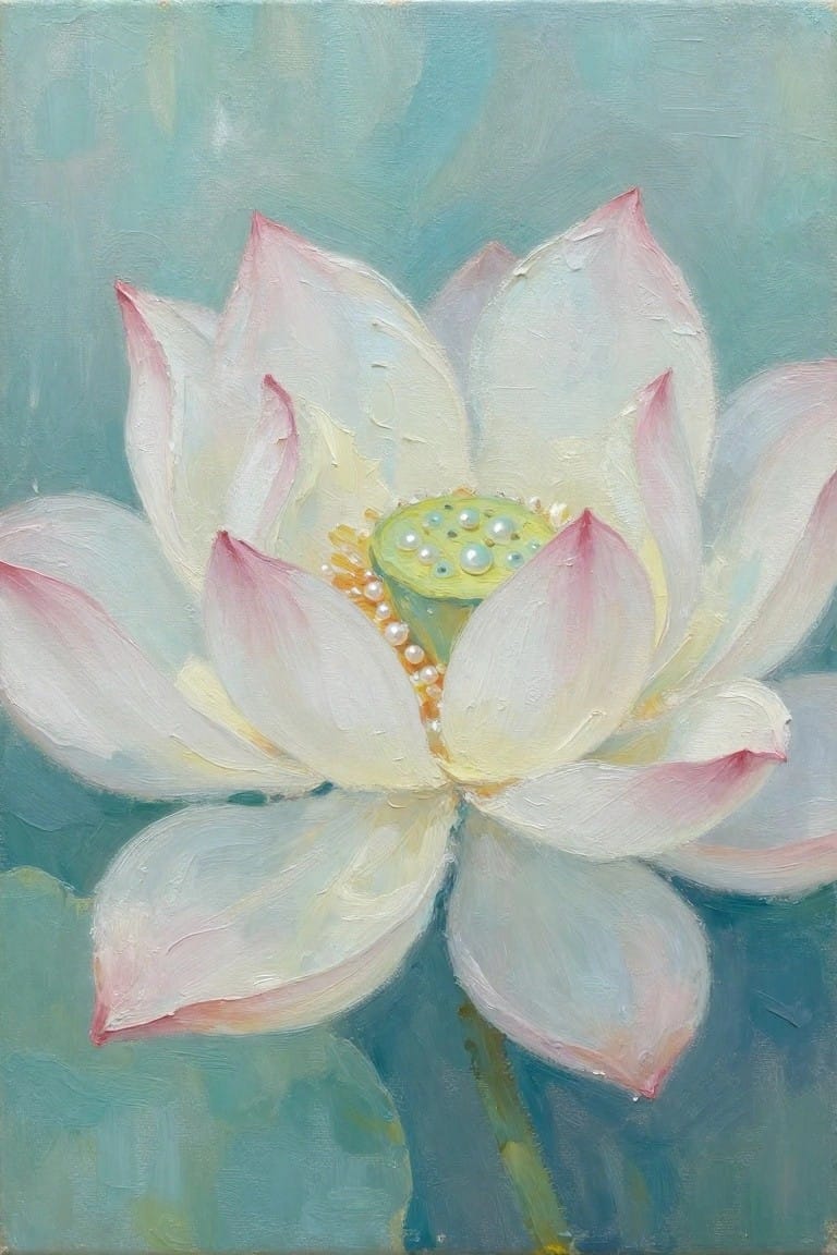 White lotus with pink-tipped petals and green seed pod on blue background