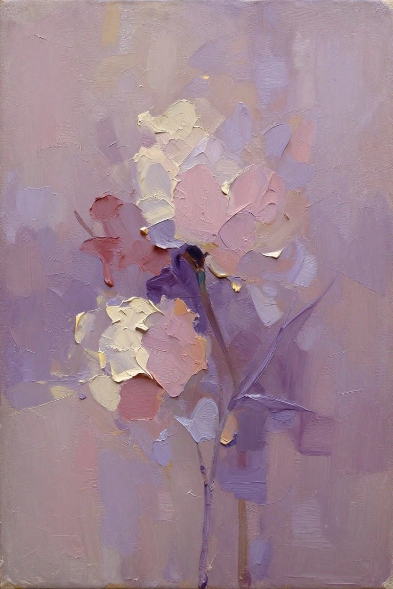 Impasto painting of pink and purple flowers with thick brushstrokes