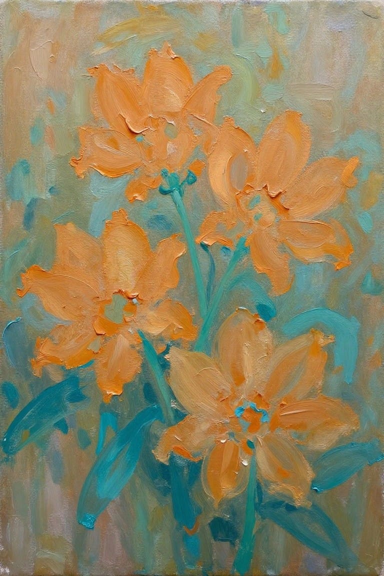 Thickly painted orange flowers with turquoise stems against a muted abstract background