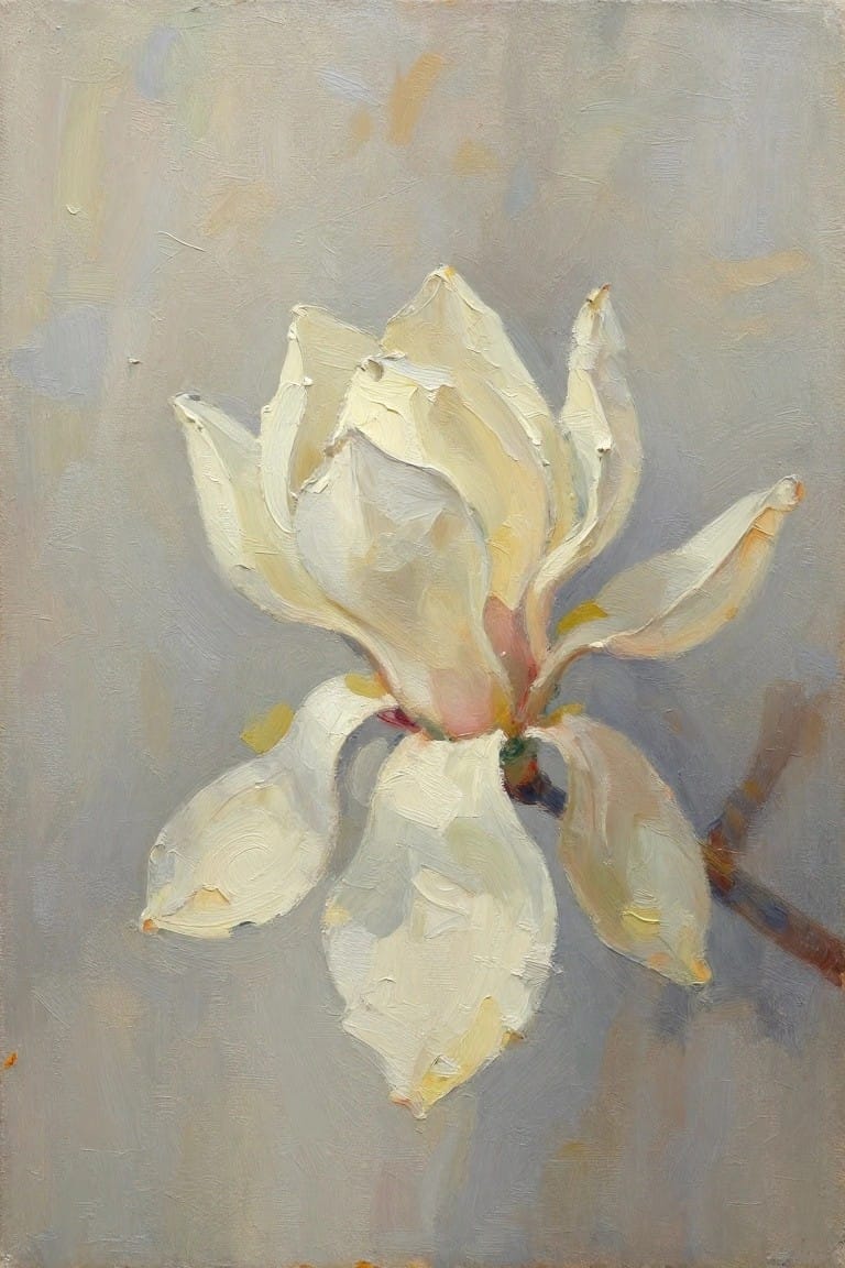 Textured white magnolia bloom with pink center on muted gray background in oil paint