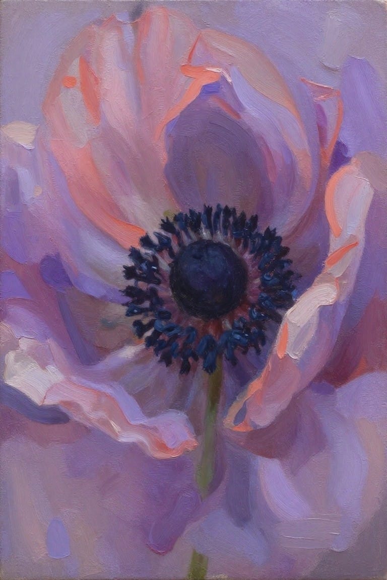 Oil painting close-up of purple-pink anemone with dark center and soft petals