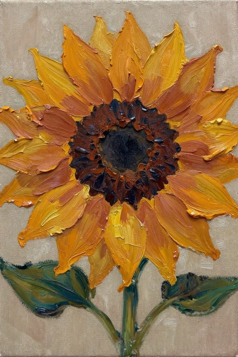 Thick impasto oil painting of sunflower with yellow-orange petals, dark center, green leaves.