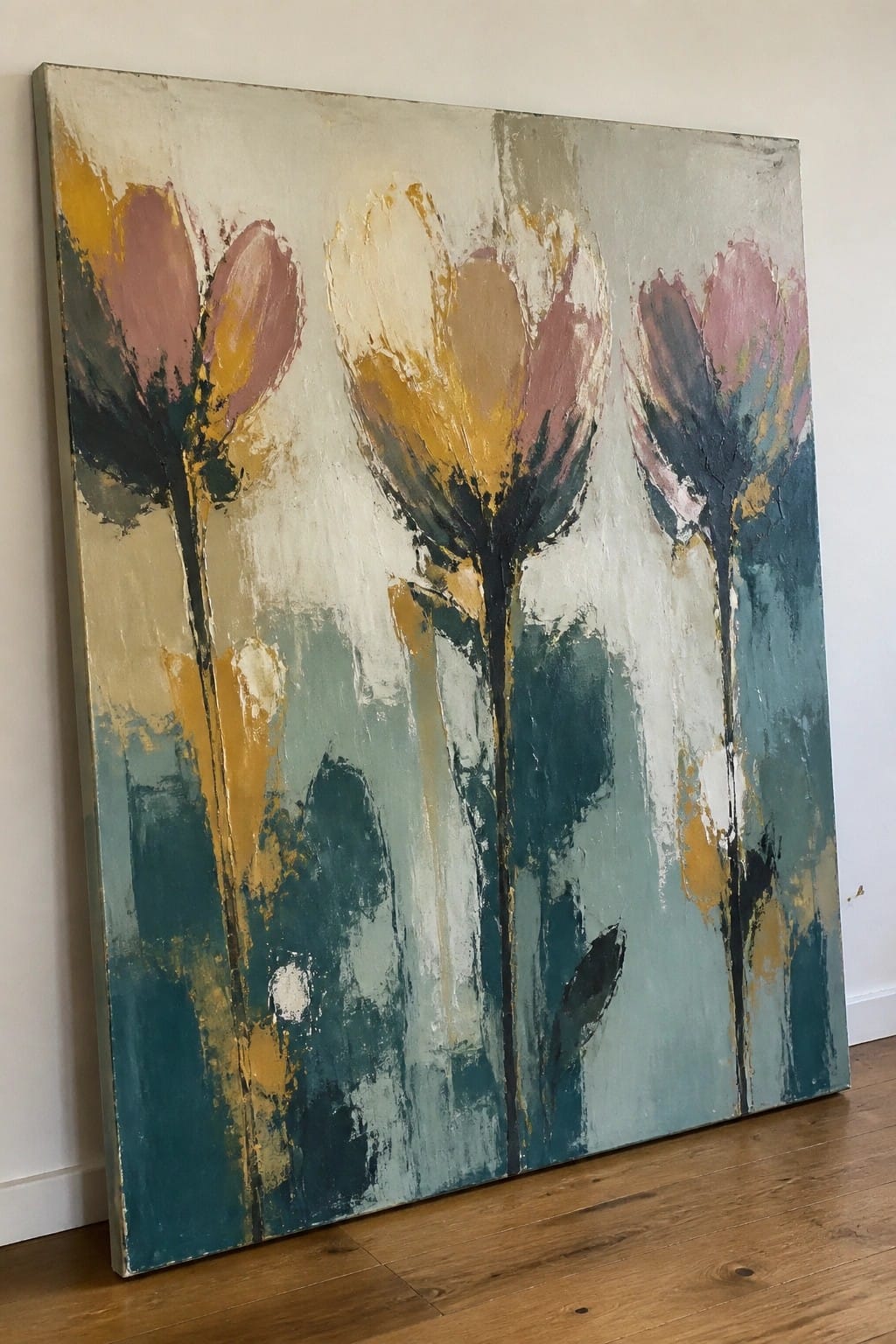 Abstract painting of tall flowers in pink, yellow, and teal with bold brushstrokes.