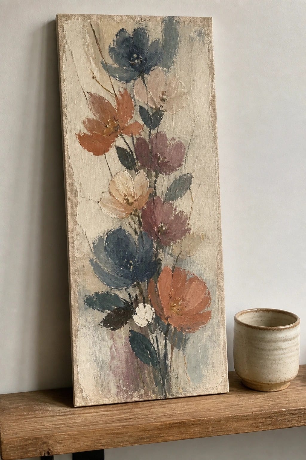 Vertical oil painting of abstract flowers in blue, terracotta, and muted pink tones on a textured canvas beside a small ceramic cup on a wooden shelf.