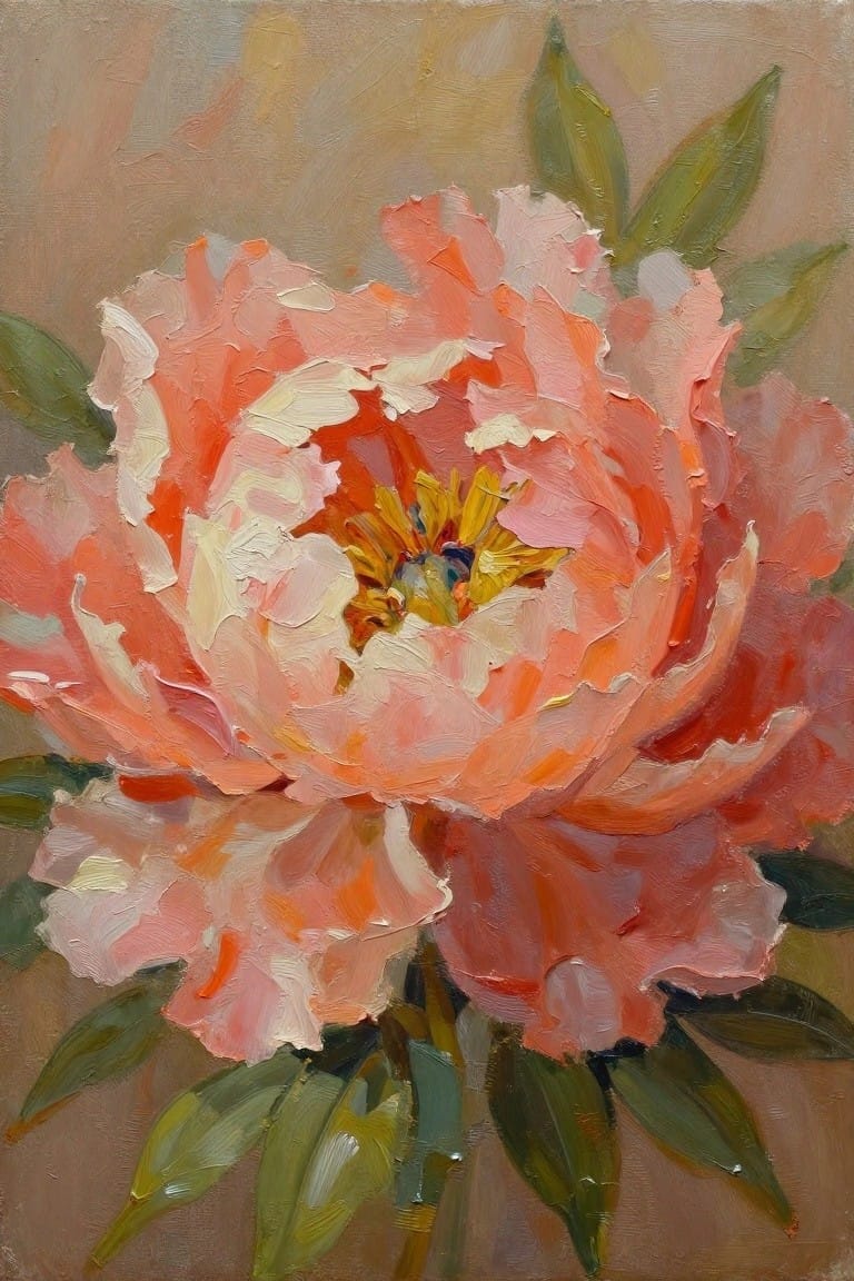 Vibrant pink-orange peony bloom with yellow center and green leaves in thick oils