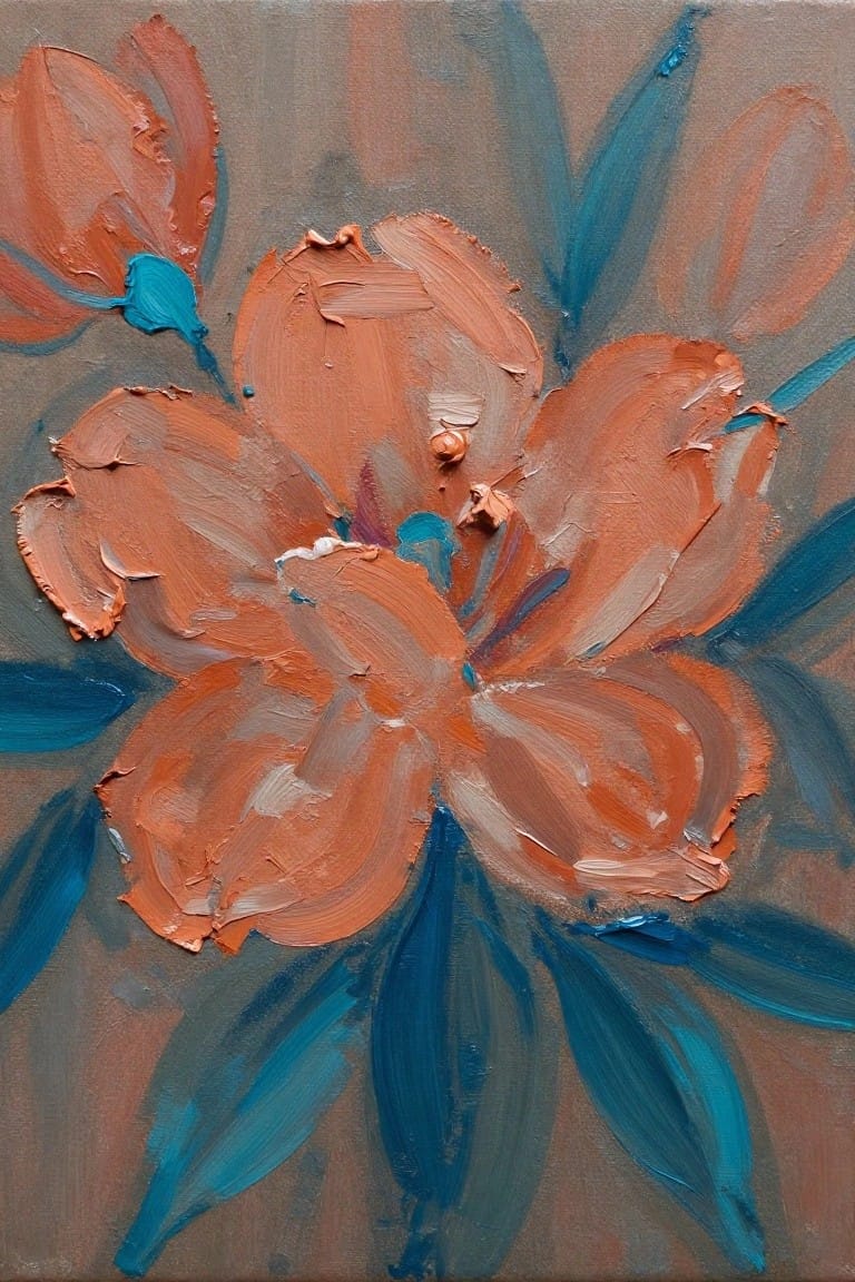 Textured painting of large orange flowers with blue-green leaves on brown background.