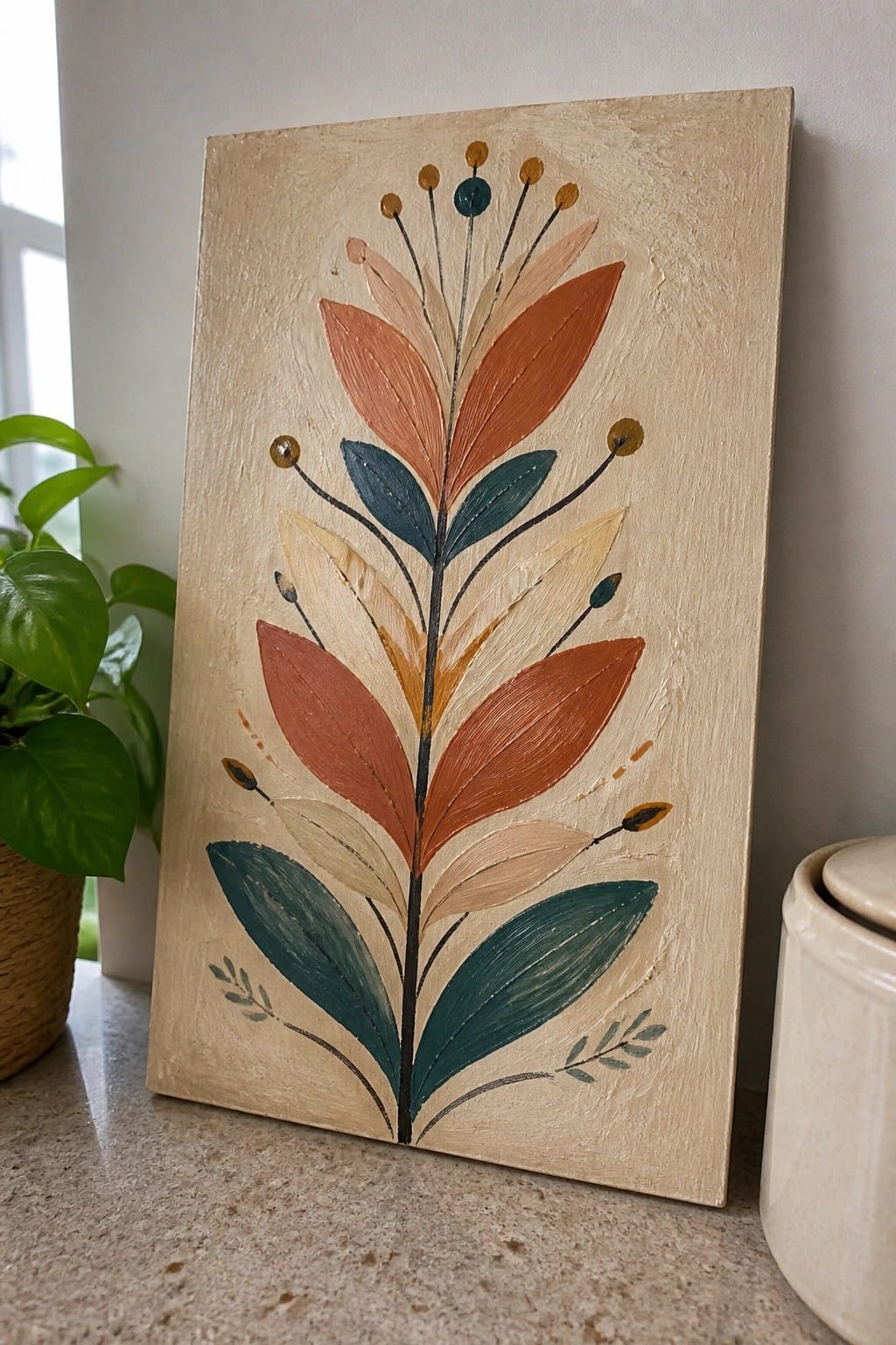 Abstract floral painting on beige wood with orange, teal, and mustard leaves