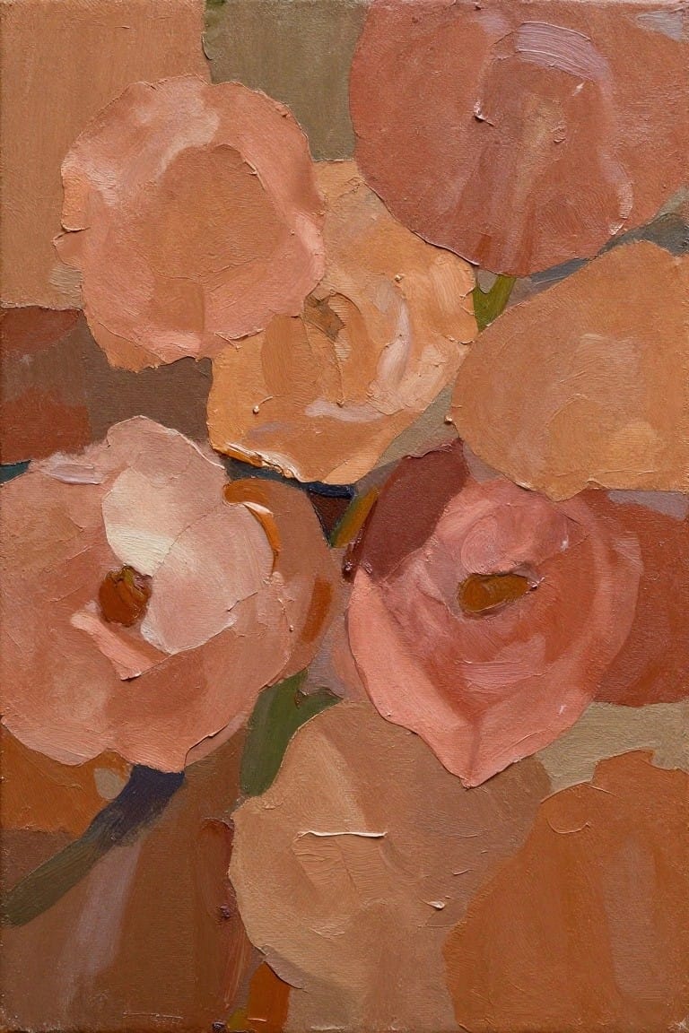 Impressionistic oil painting of peach and coral roses with thick brushstrokes