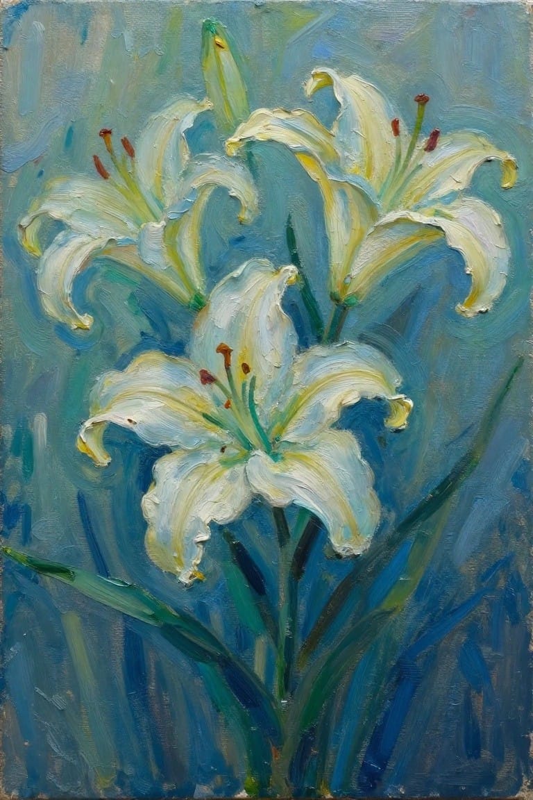 White lilies with yellow centers bloom on green stems against a blue painted background.