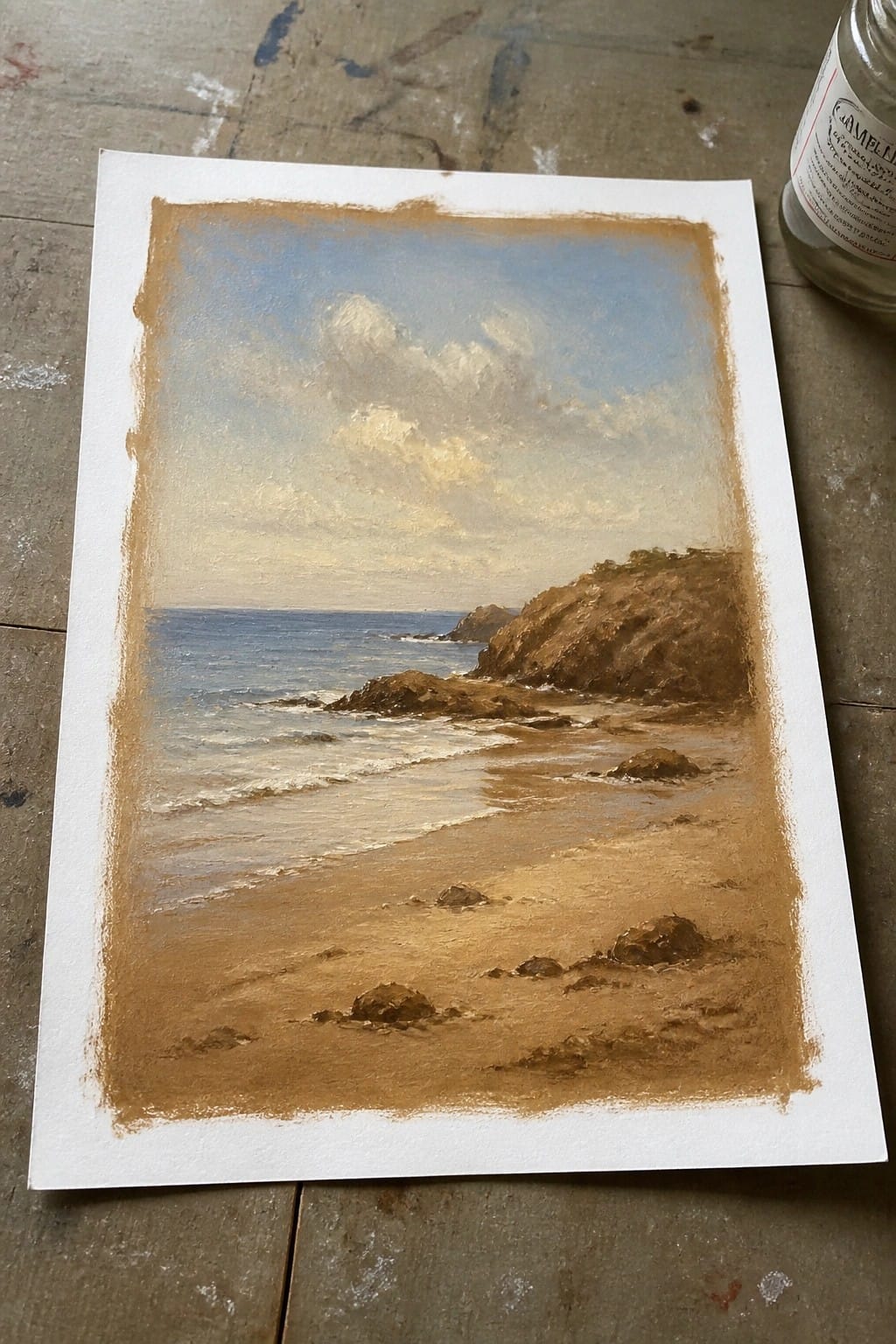 Realistic painting of sandy beach, ocean waves, rocky cliffs under cloudy sky beside bottle.