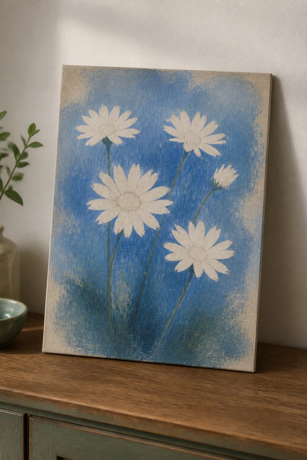 White daisies painted on blue canvas resting on wooden surface with bowl nearby