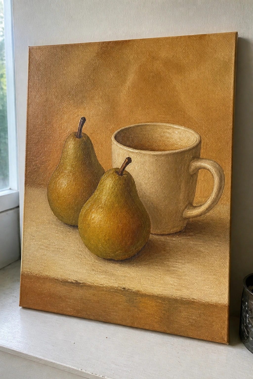 Still life painting of two pears beside a beige ceramic mug.
