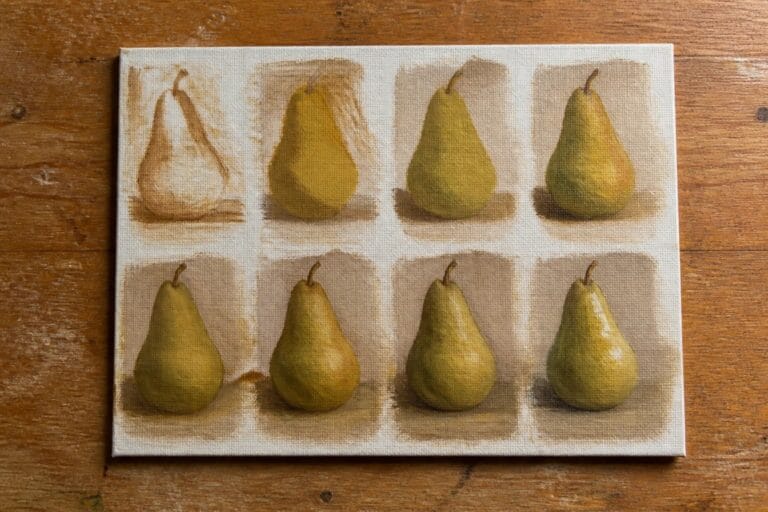 Six yellow-green pears painted in rows with shadows on white canvas