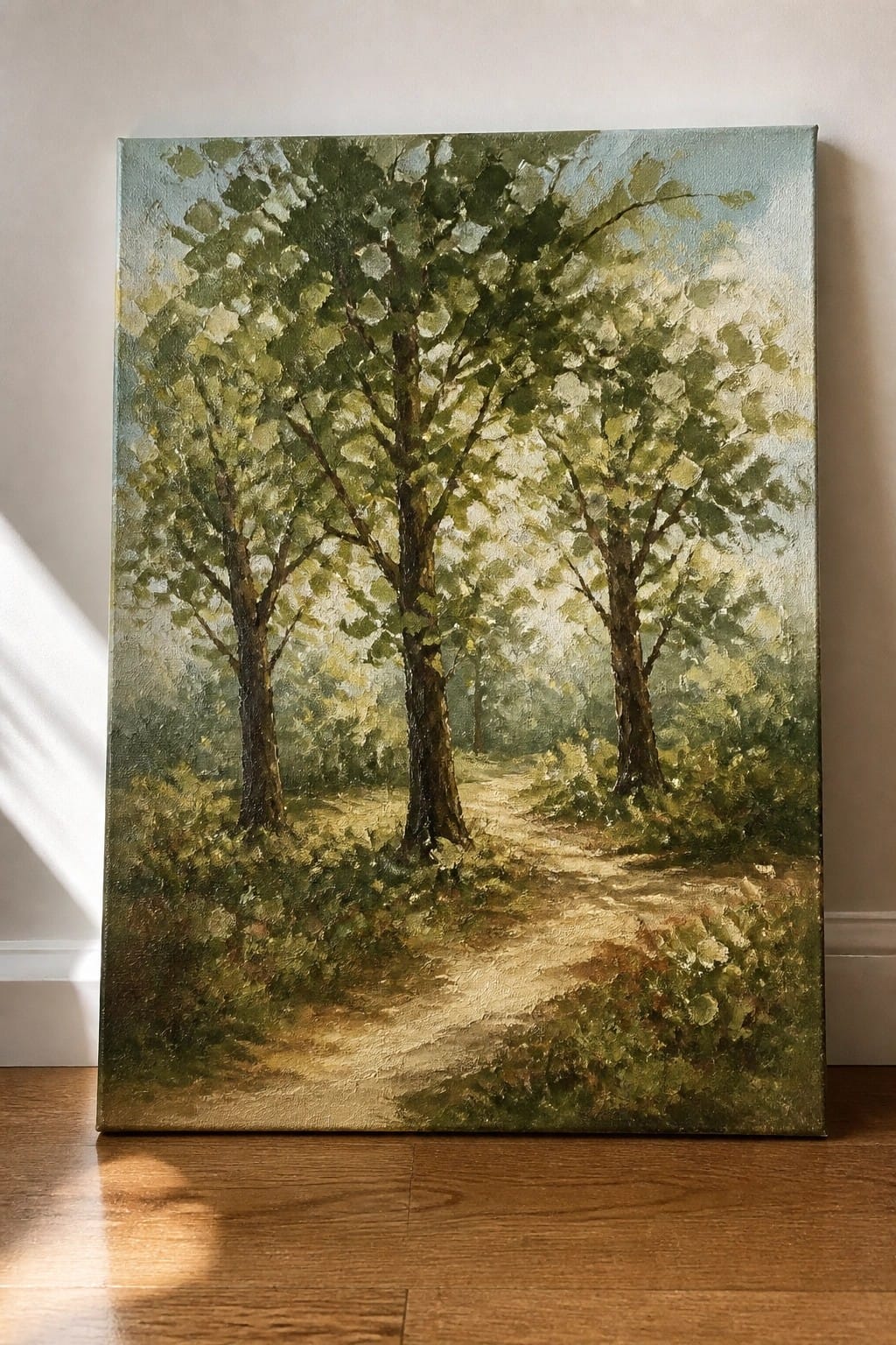 Oil painting of winding dirt path through sunlit forest with tall green trees.