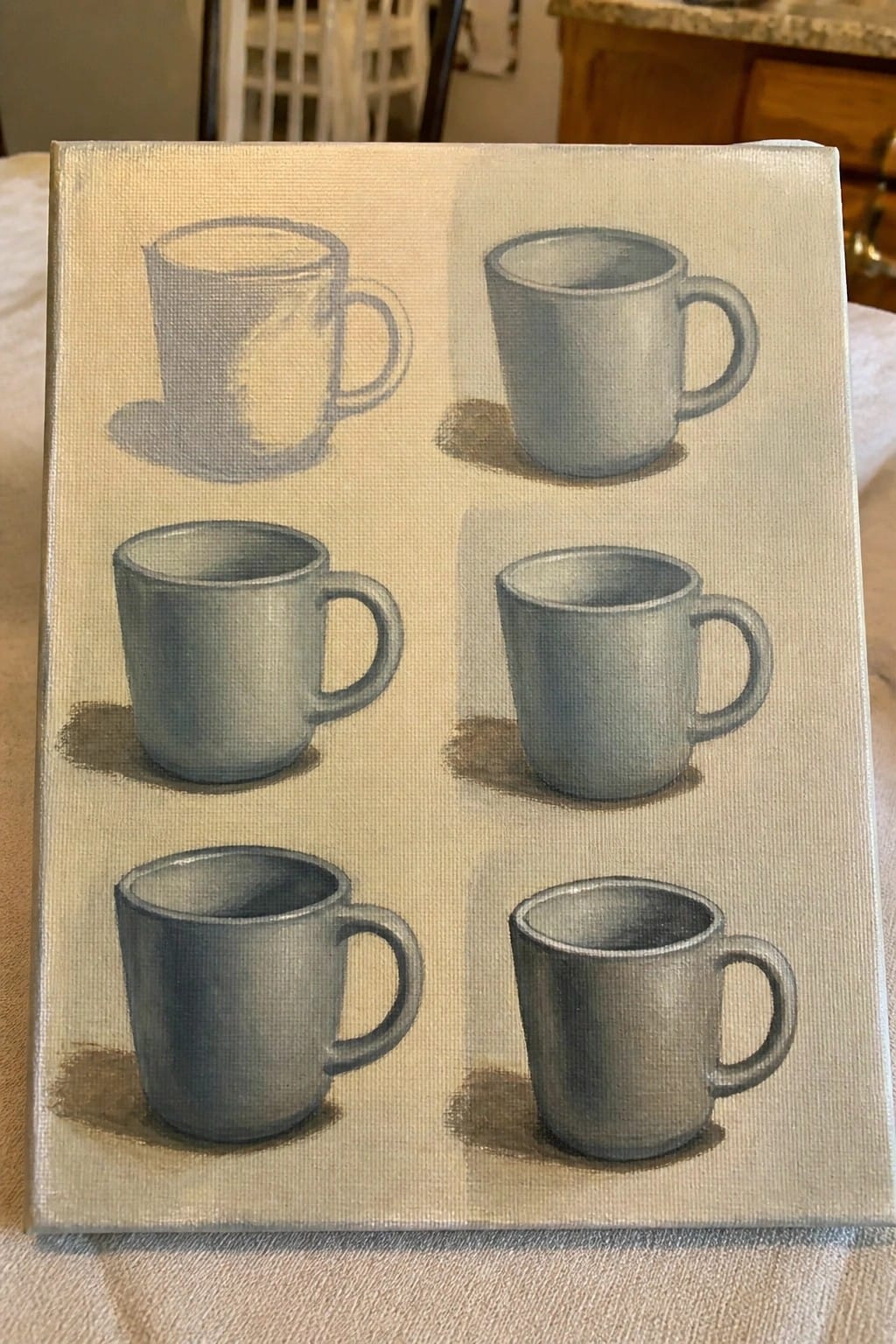 Six gray mugs with handles and shadows on beige canvas in realistic style