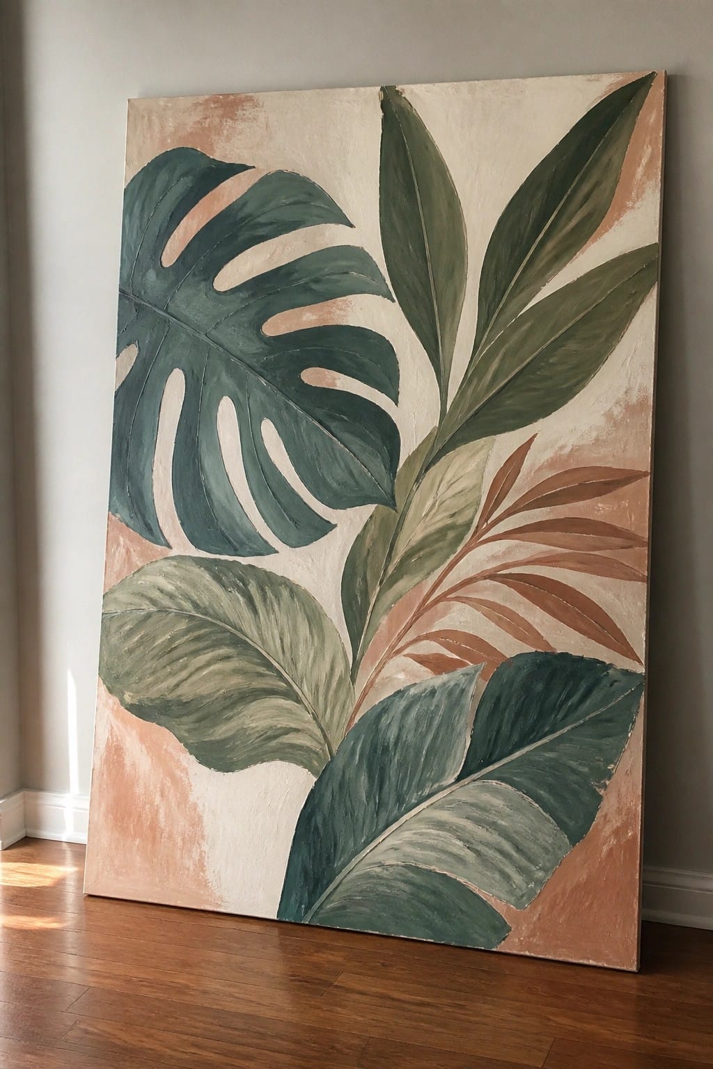Large canvas painting of tropical leaves in green and terracotta on peach background