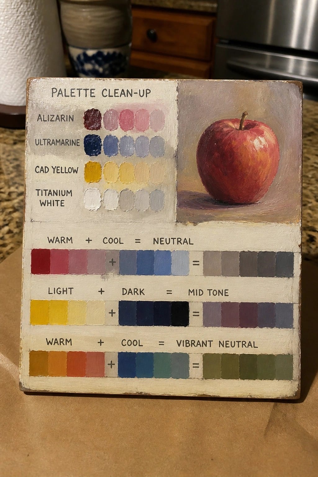 Wooden board with color mixing charts, swatches, and painted red apple still life