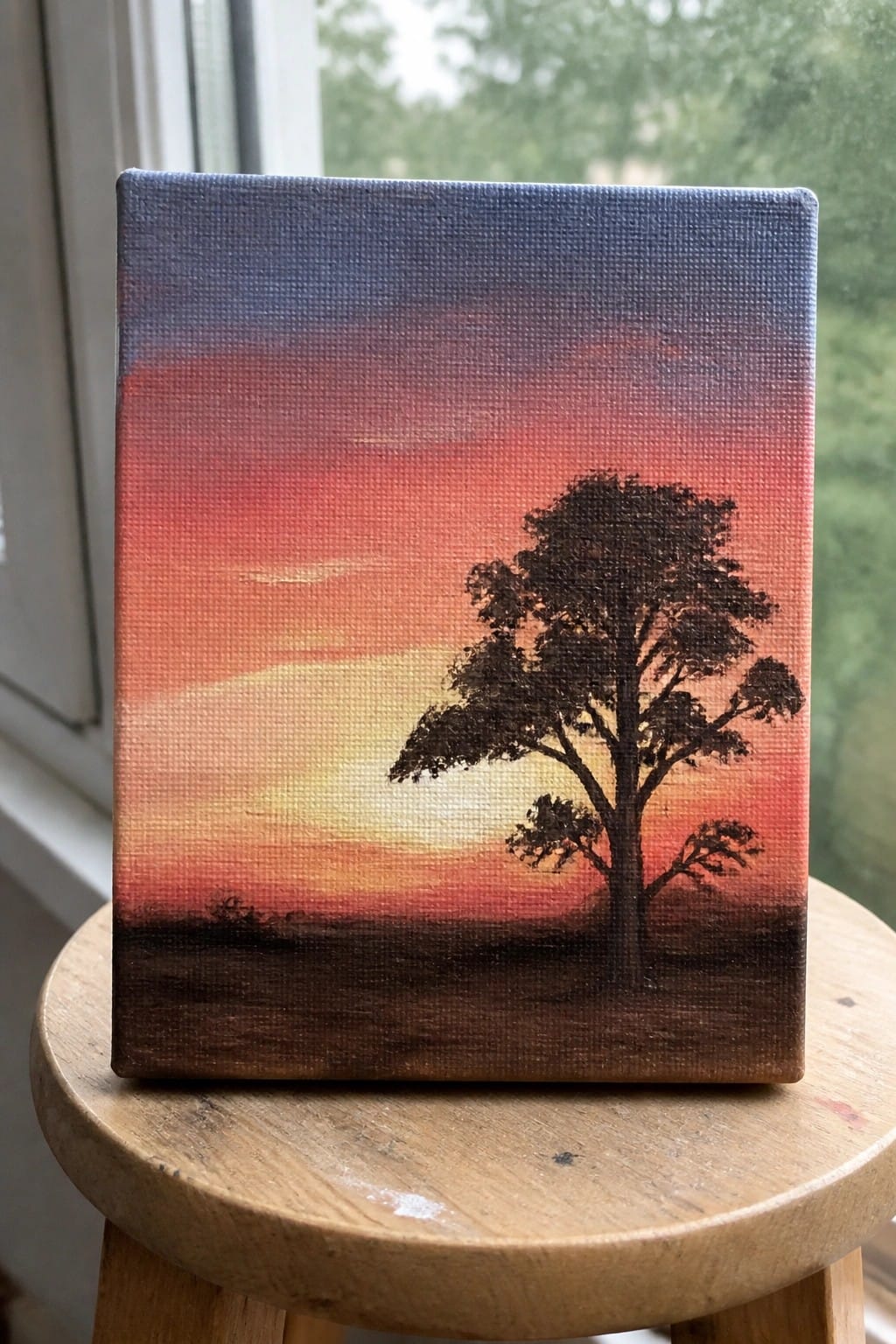 Small canvas with a dark tree silhouette against a blended sunset sky from blue at the top through red and orange to yellow near the horizon, resting on a wooden stool.