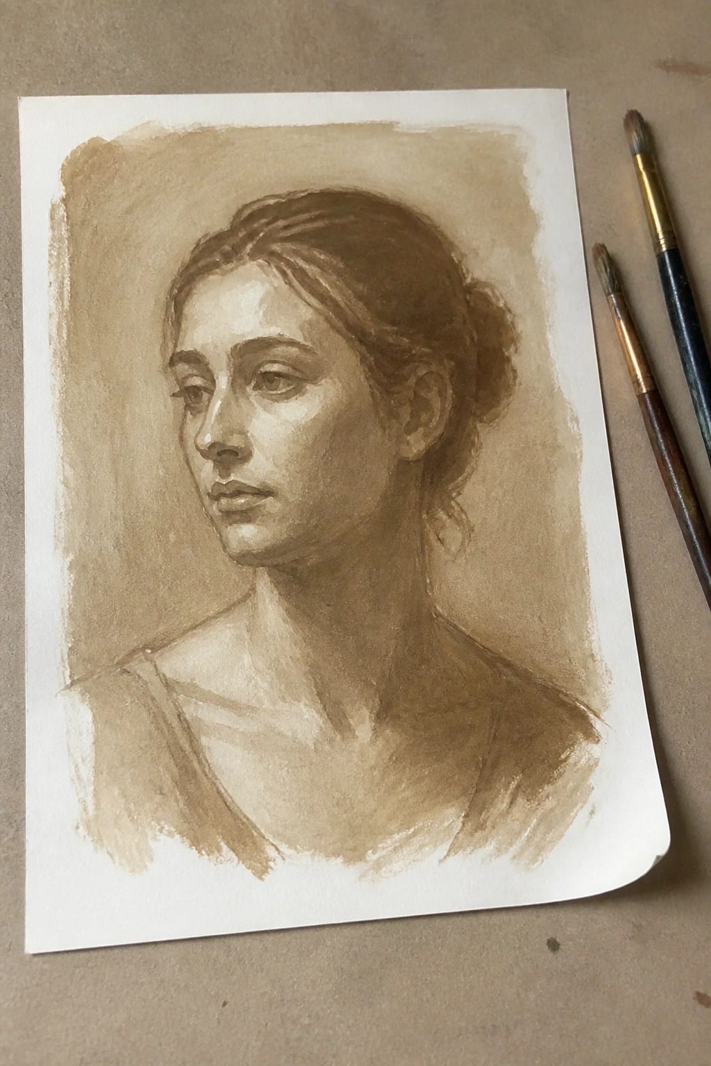 Sepia portrait of a woman with bun hairstyle beside two paintbrushes