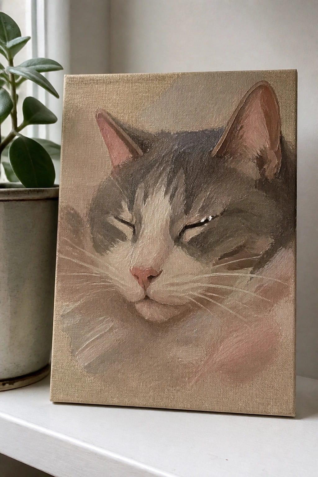 Oil painting of sleeping gray-and-white cat on canvas beside potted plant on windowsill
