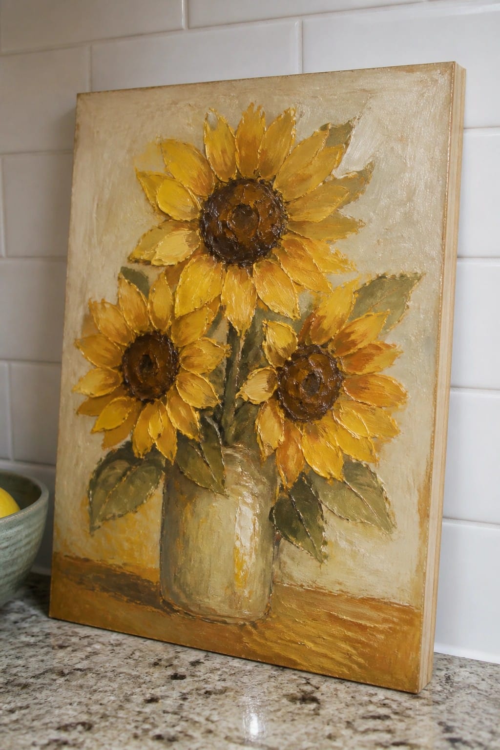 Textured painting of three yellow sunflowers in a vase on a countertop