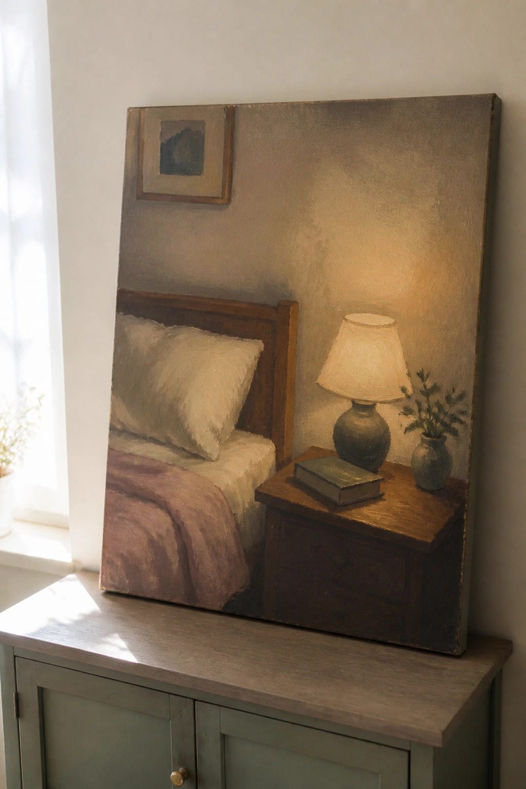 Painting of cozy bedroom with wooden bed, glowing lamp, nightstand, and book