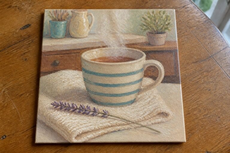 21 Relaxing Oil Painting Ideas Made for Cozy Weekend Painting Sessions Steaming striped mug on purple cloth with lavender sprigs in painted kitchen scene