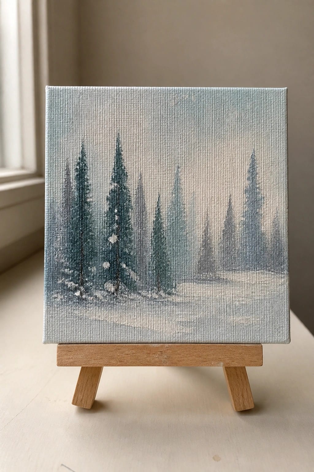A small square canvas on a wooden easel displays a painting of pine trees in snow with a misty background.