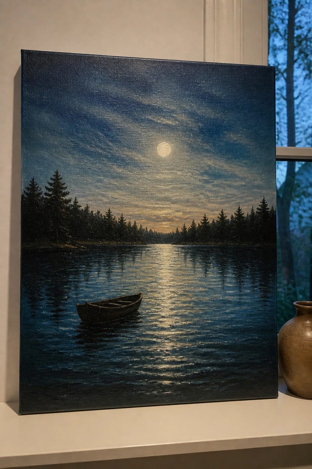Moonlit lake painting with rowboat, pine trees, and vase on white shelf.