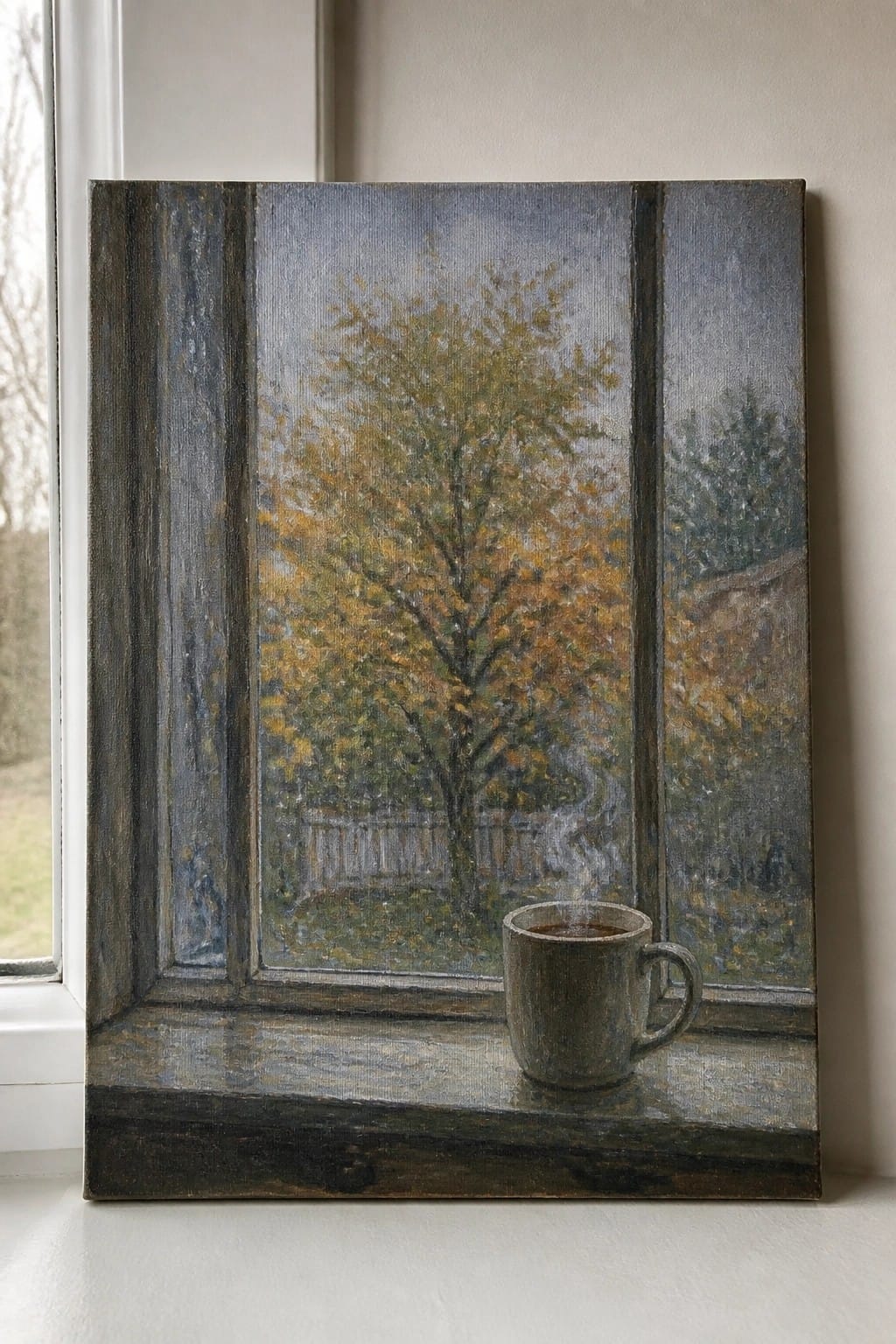 Steaming gray mug on windowsill before painting of autumn tree through window