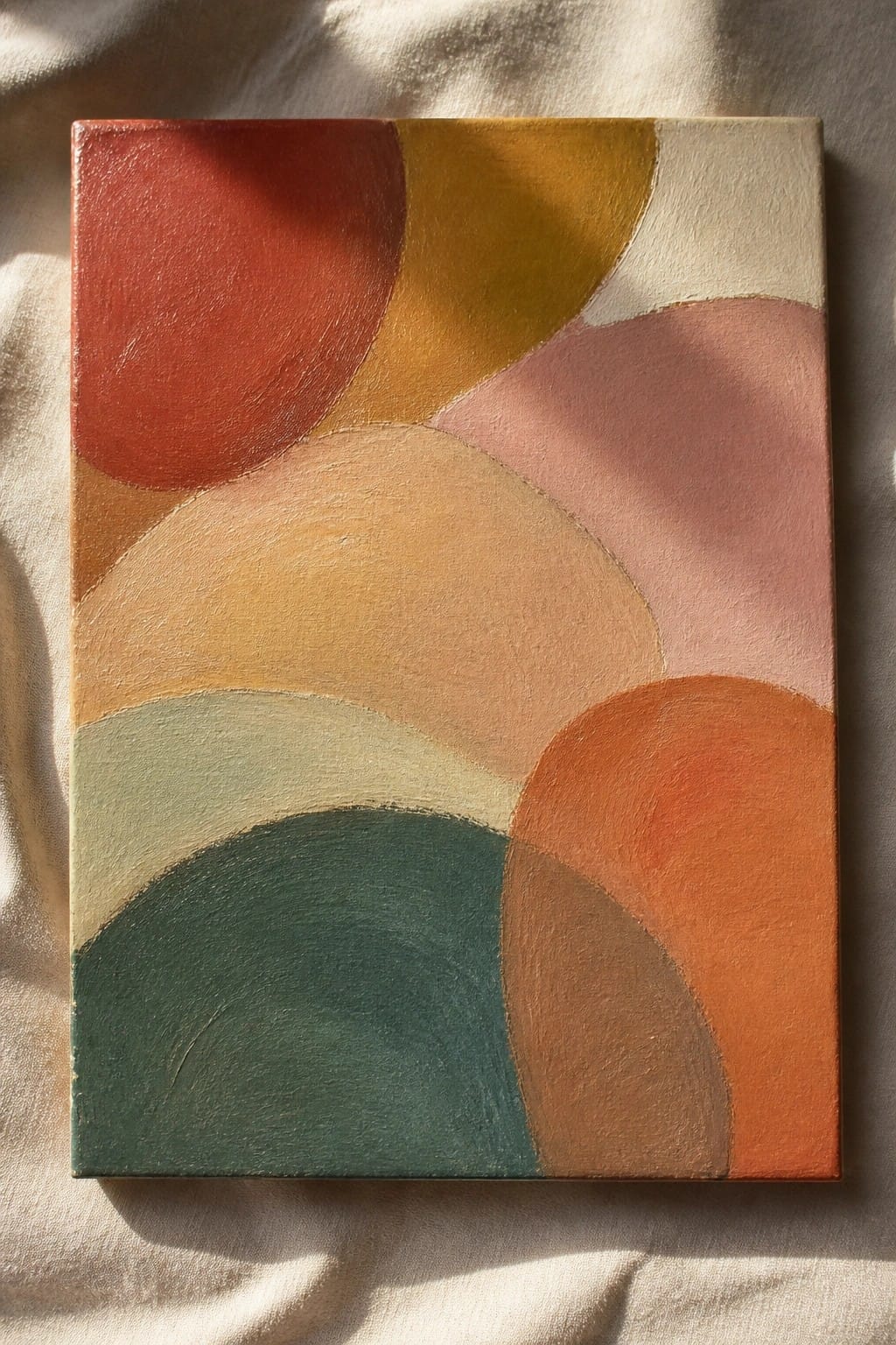 Abstract canvas with overlapping curved shapes in earthy red, yellow, pink, teal, and orange tones.