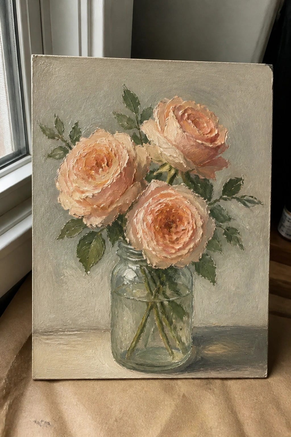 Three peach roses with green leaves in a glass jar by a window