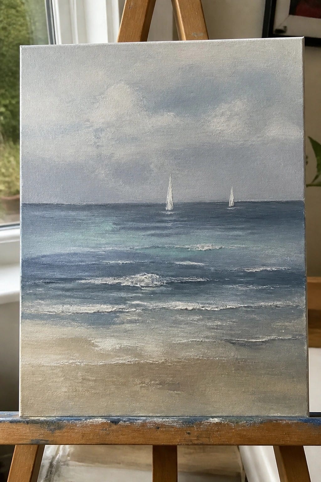 Oil painting on easel of beach, blue ocean waves, and two sailboats under clouds.