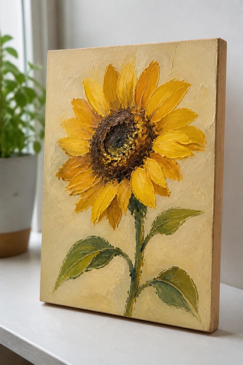 Yellow sunflower painting with textured yellow petals and green leaves on canvas