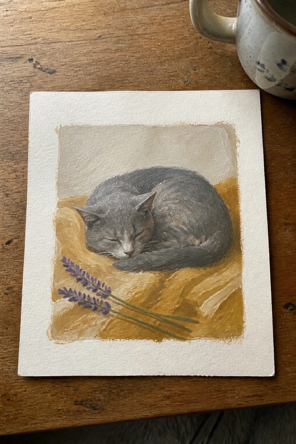 Sleeping gray cat on yellow with lavender sprigs beside speckled mug on wood