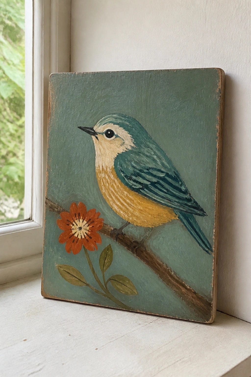 Painted teal bird with yellow chest on branch with orange flower near window