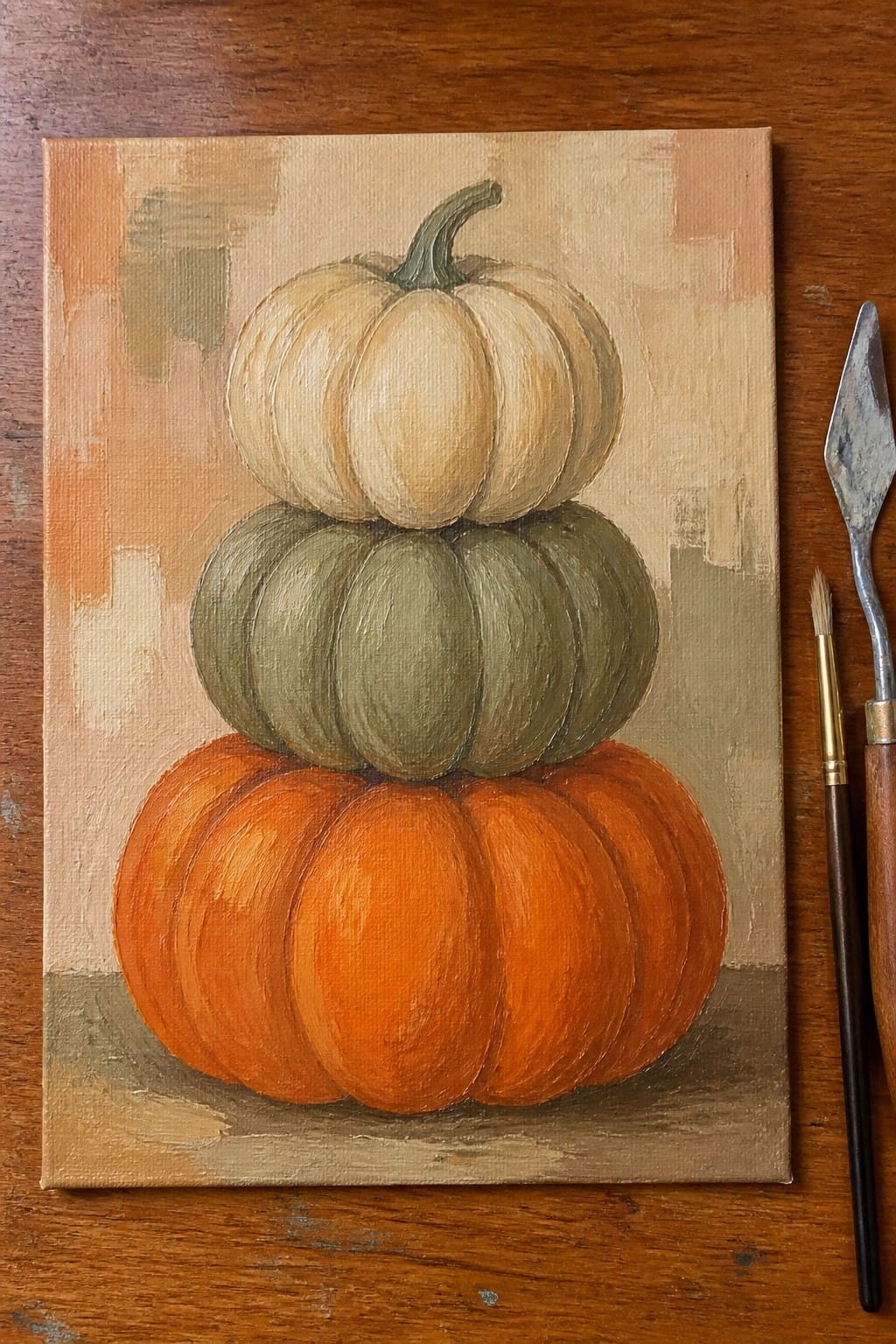 Stacked orange, green, and beige pumpkins painting beside brush and palette knife on wood