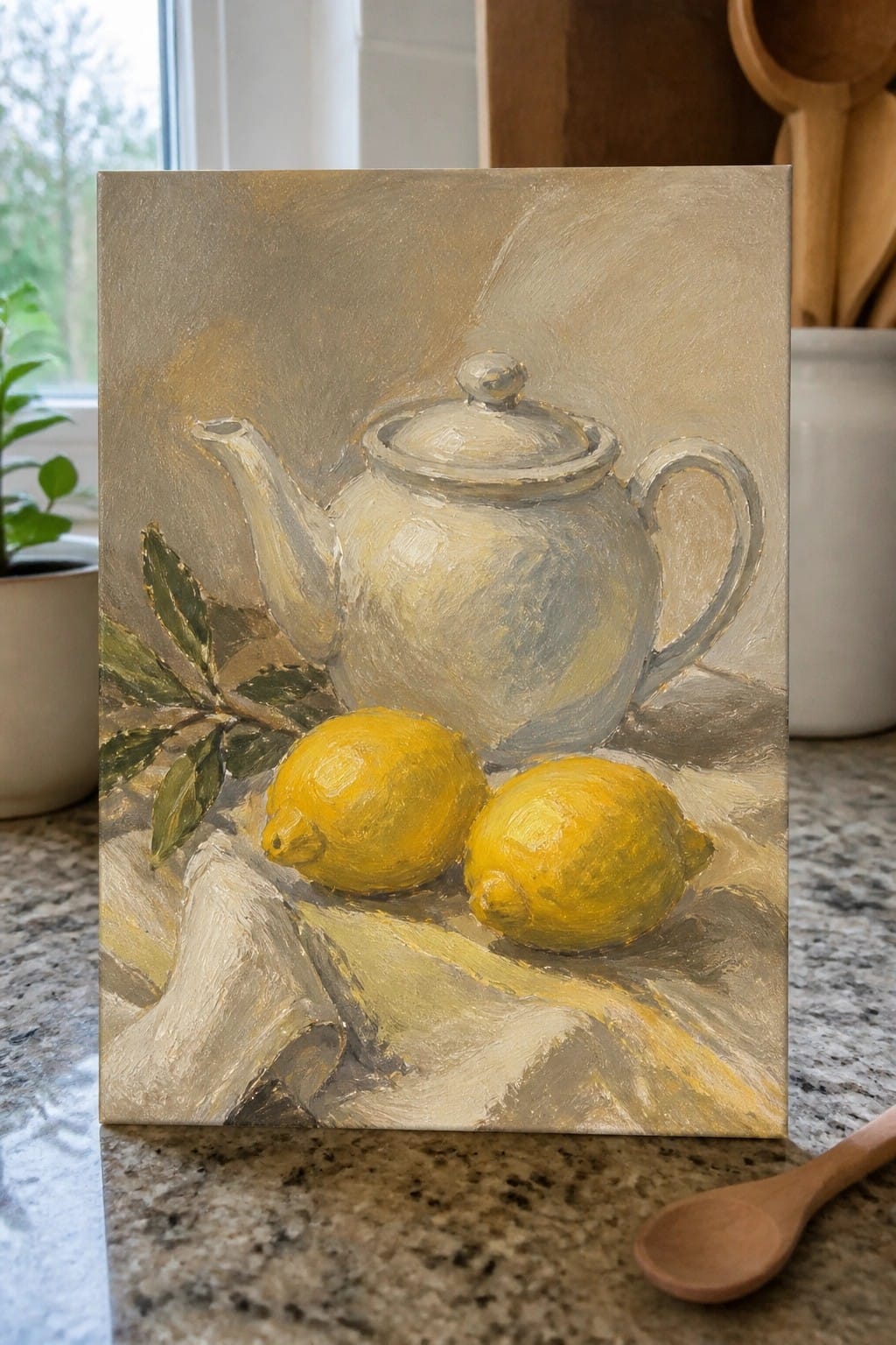 Still life painting of white teapot with two yellow lemons on draped cloth.