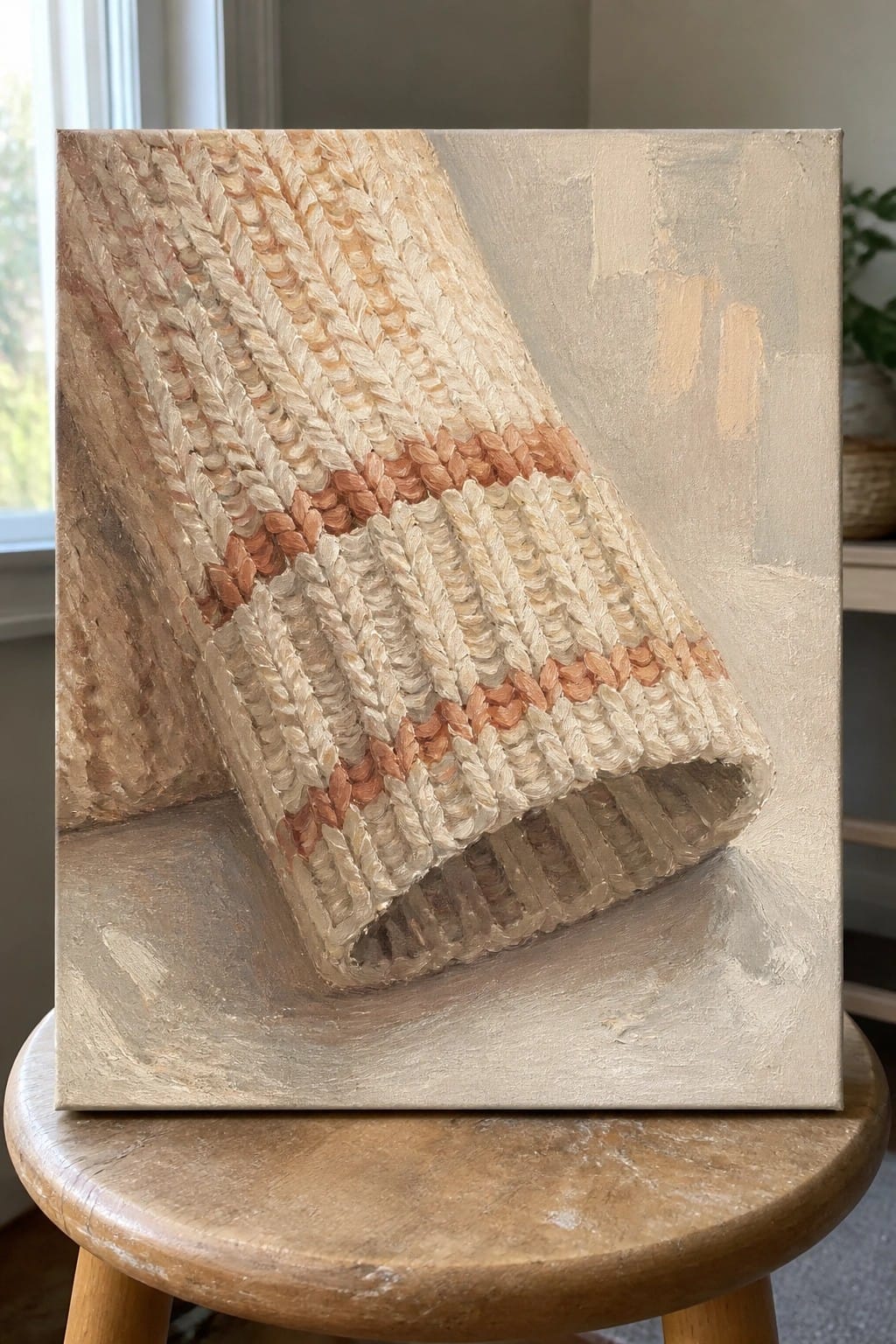 An oil painting of a textured woven basket with cream and terracotta stripes resting on a wooden surface against a plain background.
