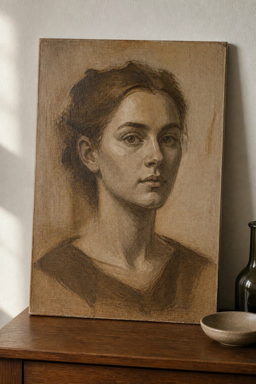 Sepia portrait painting of a woman on wooden surface beside bowl and bottle