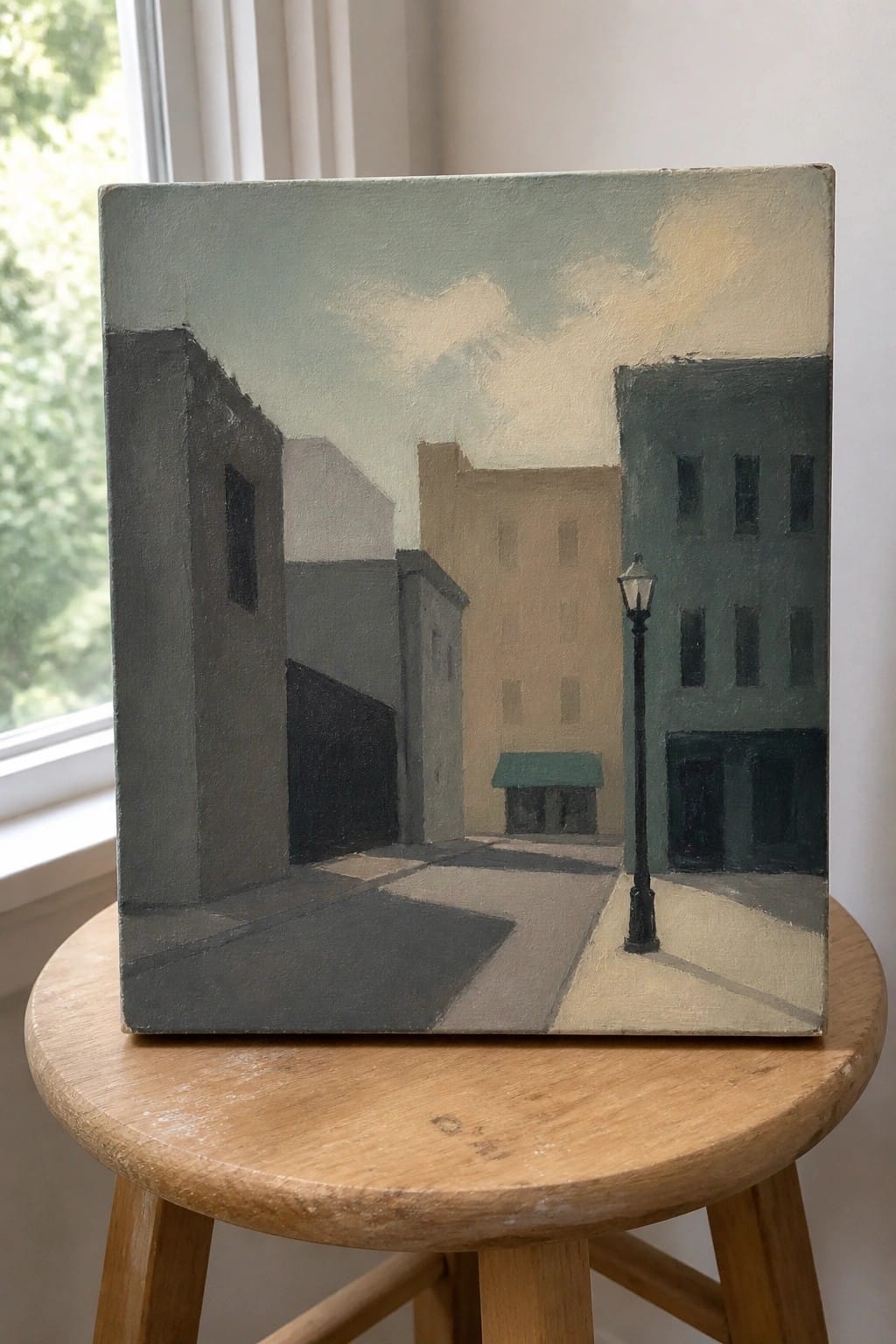 Muted painting of city street with buildings and lamppost on wooden stool.