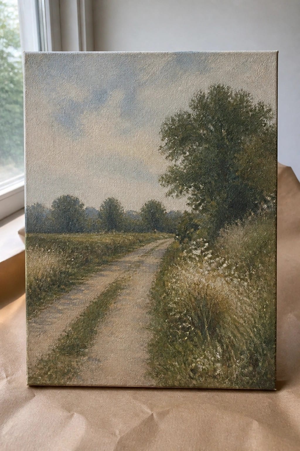 Oil painting of winding dirt path through fields with trees and wildflowers under cloudy sky