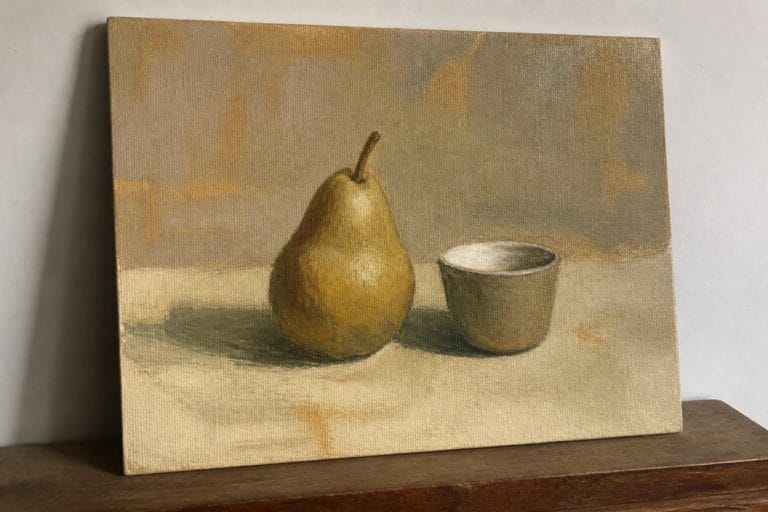 Oil painting of a green pear beside a small cup on wood.