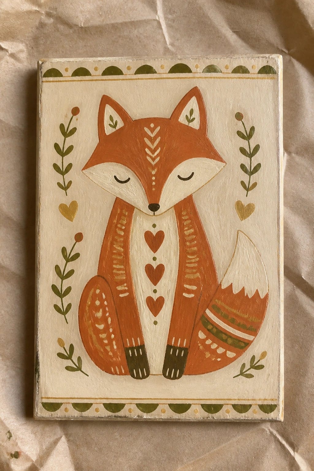 Folk art fox with closed eyes, orange fur, hearts, and leaf motifs on canvas.