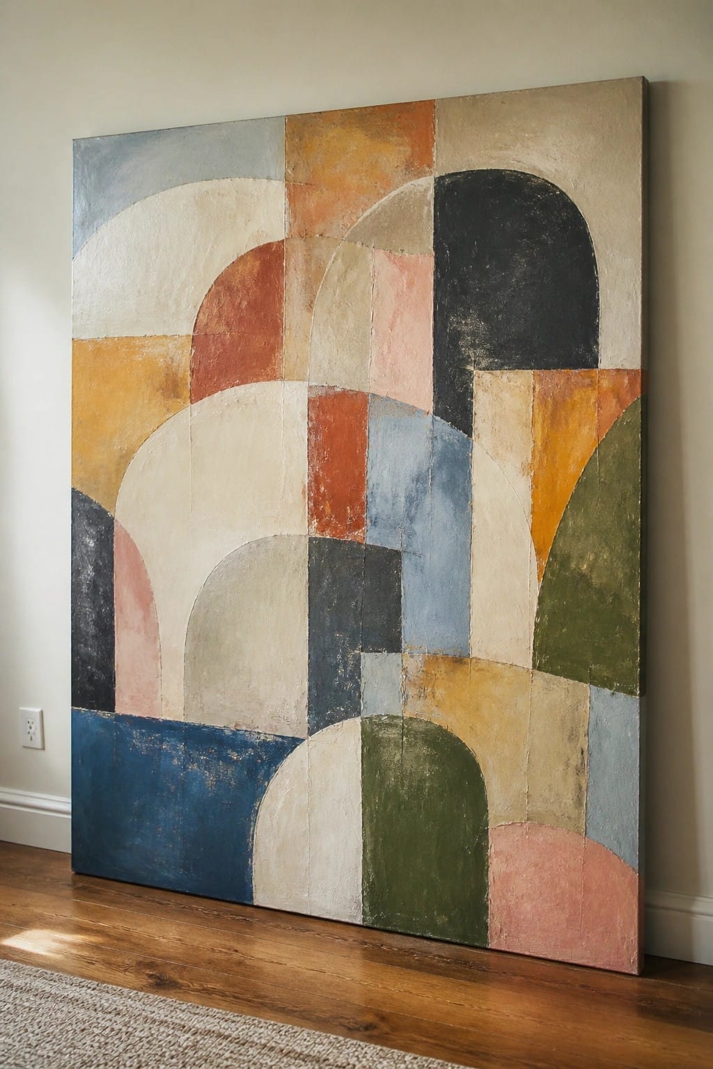 Abstract painting with colorful geometric arches and blocks on wall above floor
