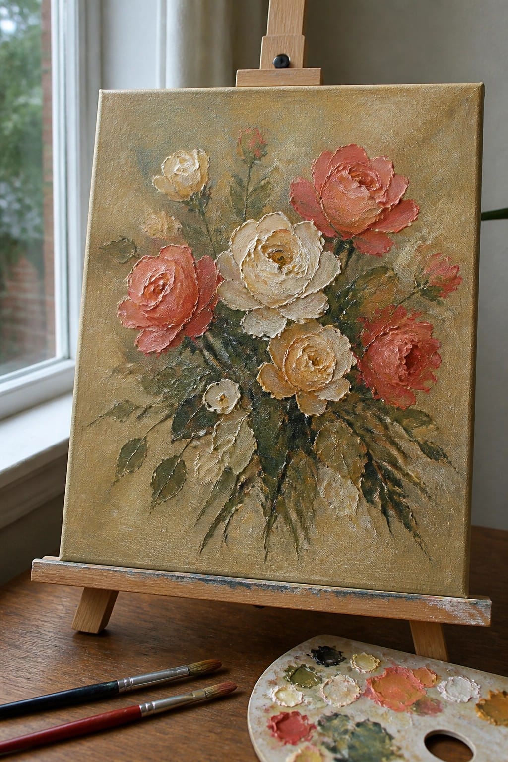 Impressionistic oil painting of roses on easel with palette and brushes nearby.