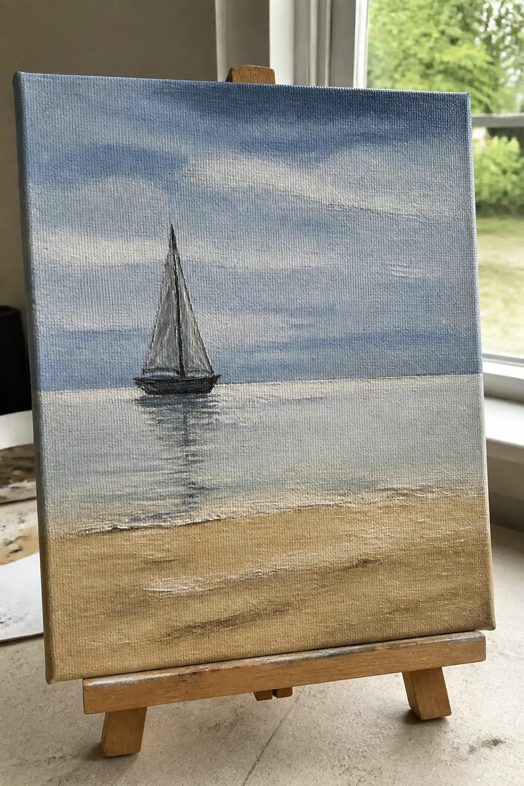 Small canvas on easel showing sailboat on blue water above sandy beach.