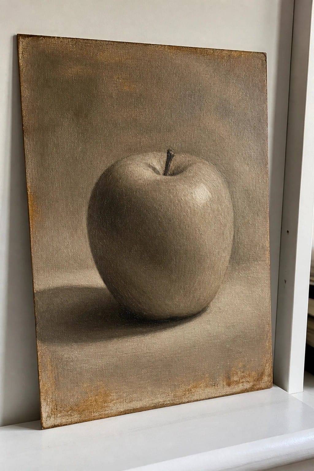 Monochromatic painting of an apple with stem and cast shadow on canvas.