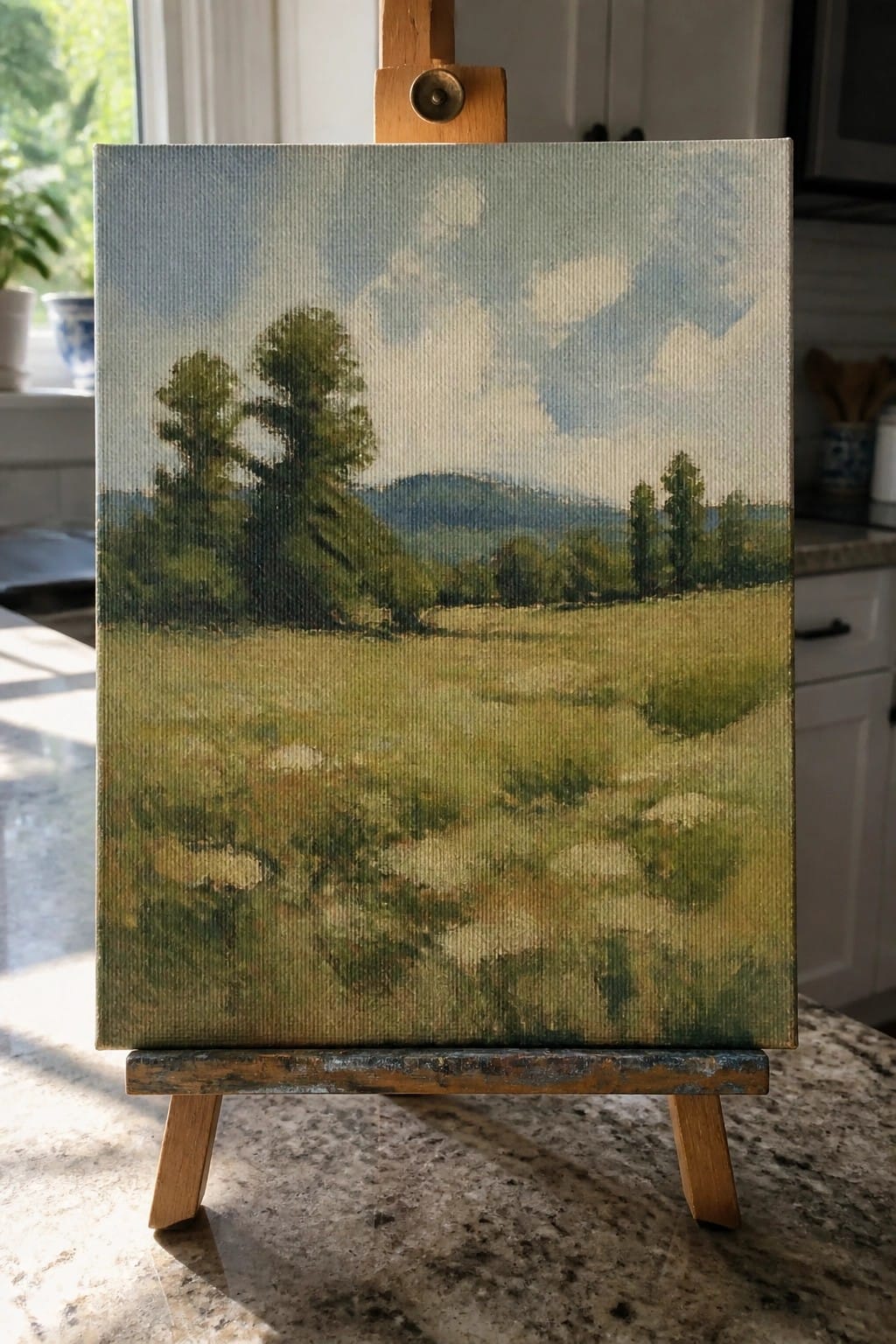Landscape painting of fields and trees on wooden easel atop kitchen counter.