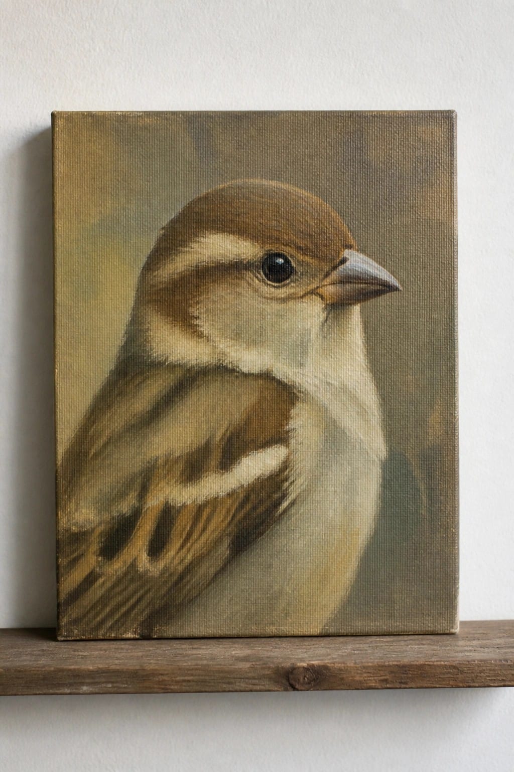 Detailed painting of a sparrow with brown and white feathers on wooden shelf